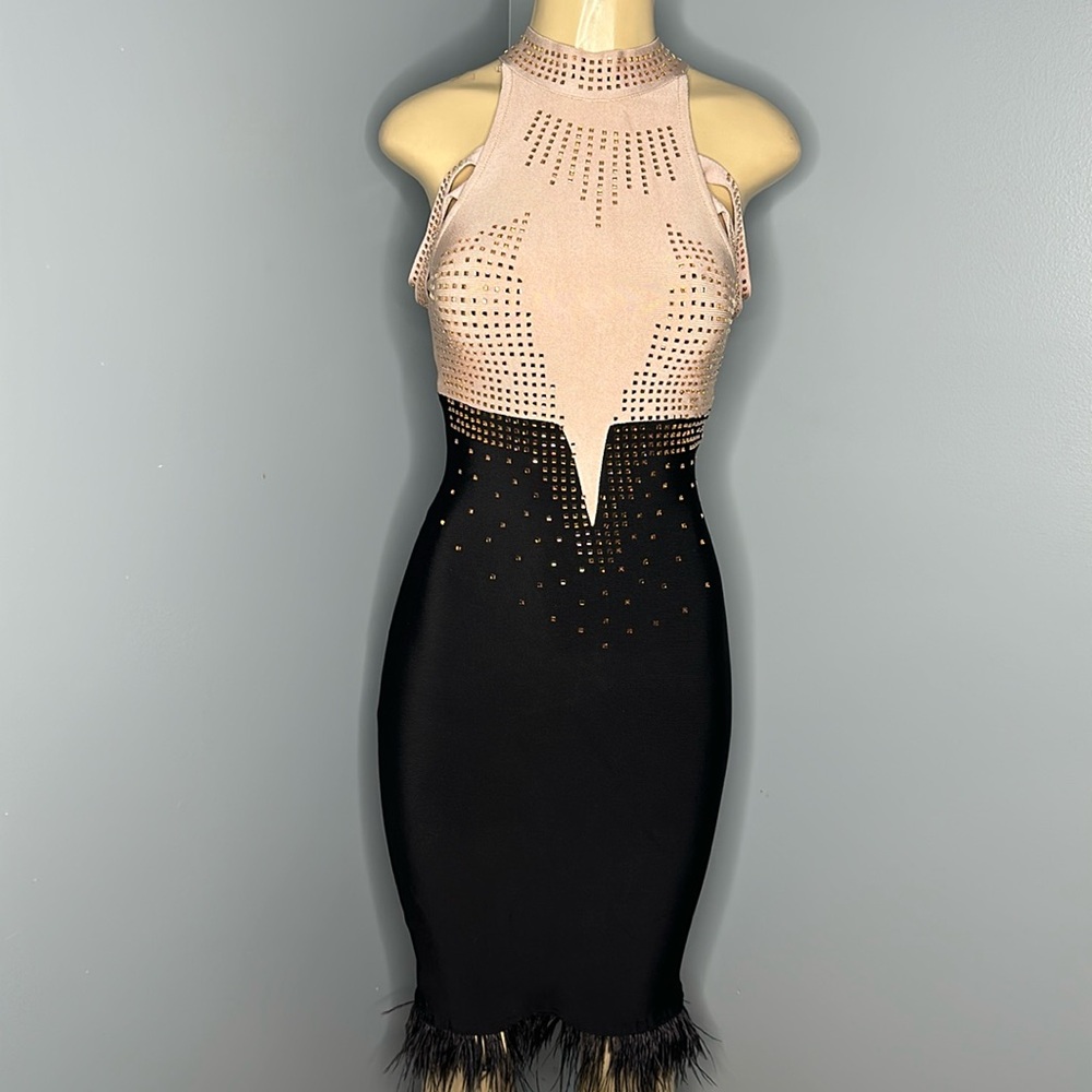 Tan&black midi bodycon dress, crystal embellished sleeveless size XS